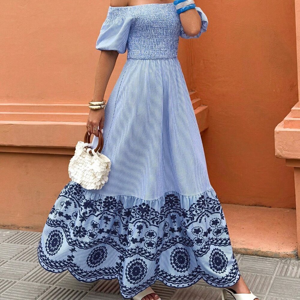 Multicolor Boho Women's Off-Shoulder Striped A-Line Dress